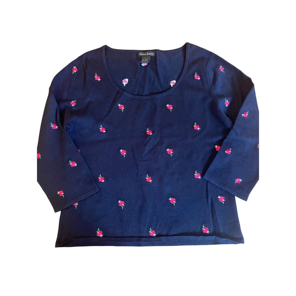Sydney Easton Navy Rose Embroidered Dainty Floral Knit Sweater Cottagecore Lg